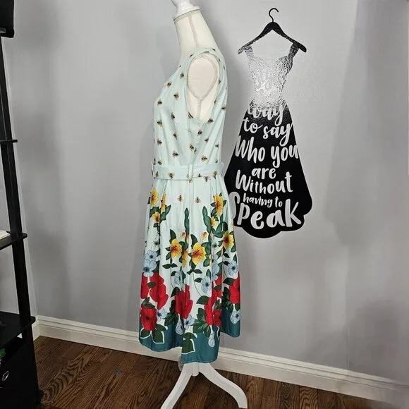 iHot Floral Bee 50's Style Sleeveless Belted A Line Pleated Swing Tea Dress NEW - Picture 4 of 8